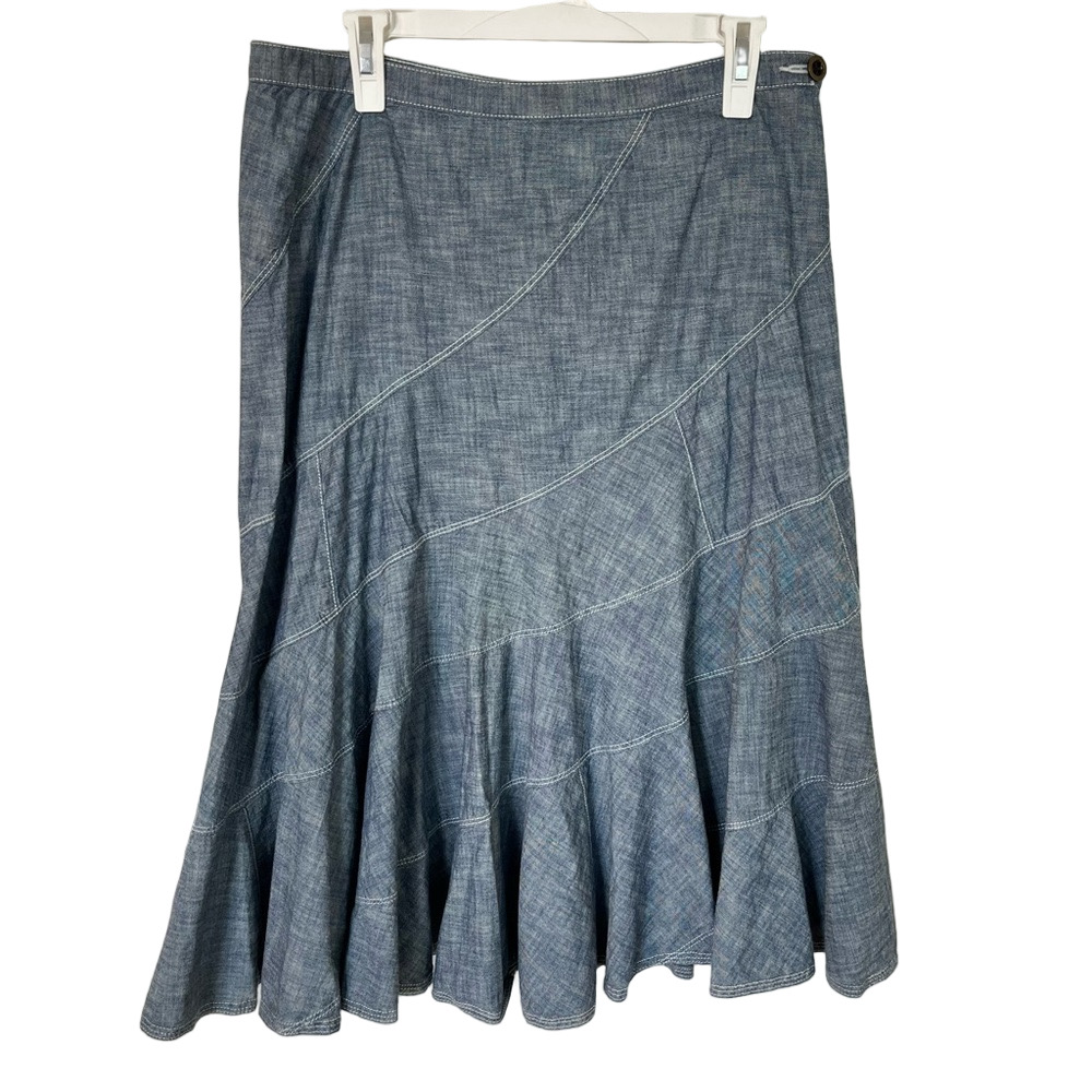 Ralph Lauren Patchwork Chambray Bias Cut A-Line Skirt 10 Coastal Cowgirl Boho